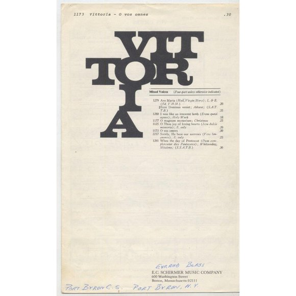 E.C. SHIRMER MUSIC COMPANY Other - VINTAGE 1934 VITTORIA O VOS OMNES SHEET MUSIC